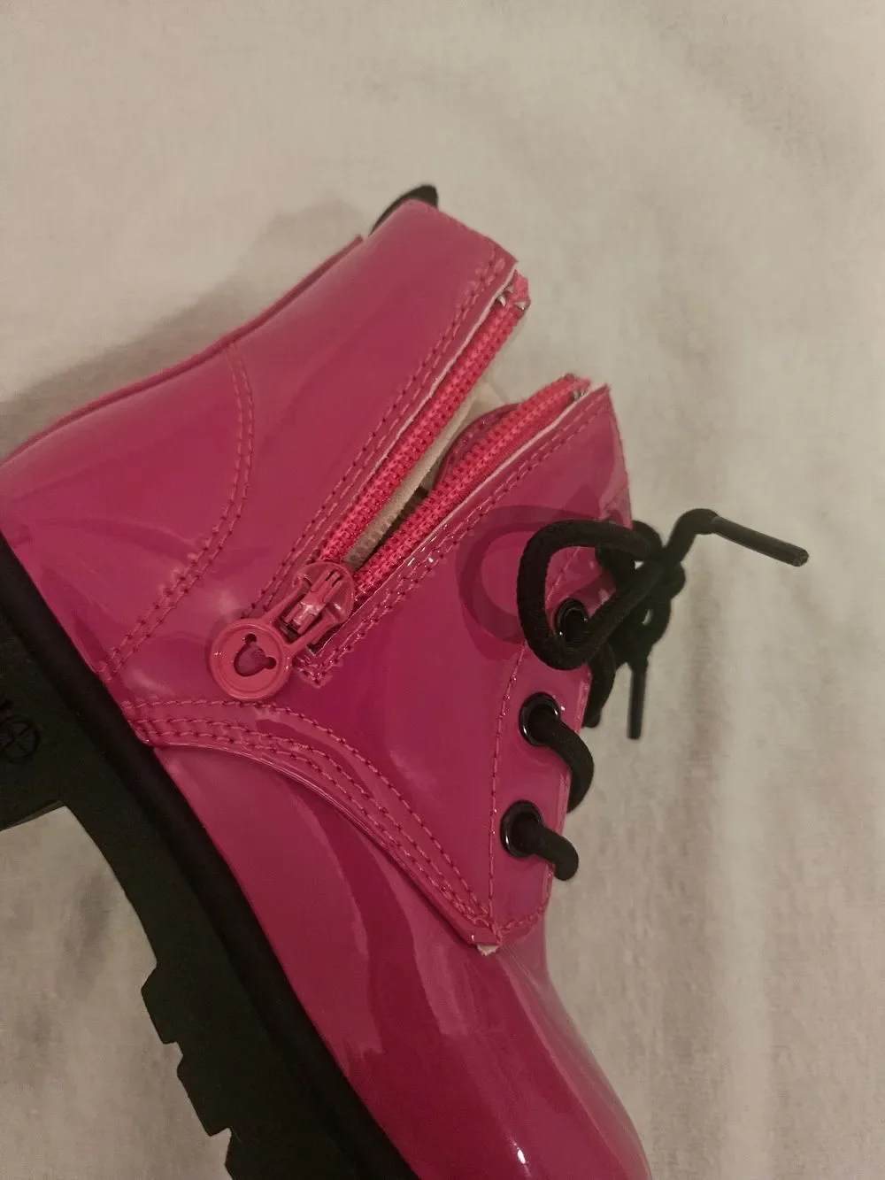 Girls' Shiny Hot Pink Lace-Up Ankle Boots with Cozy Lining